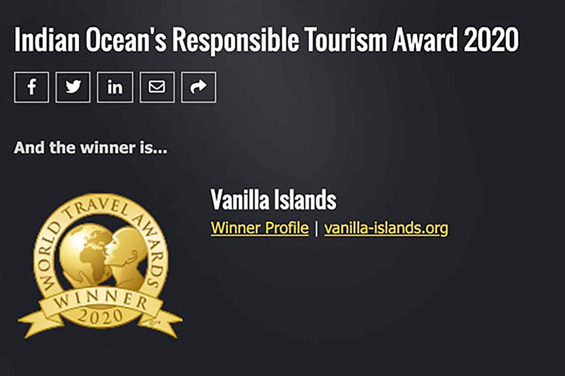 1er prix pour les Indian Ocean's Responsible Tourism Award 2020